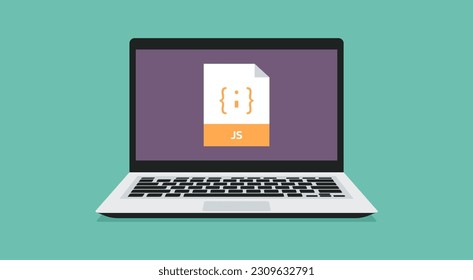 file format icon with JS label on laptop screen, vector flat design illustration