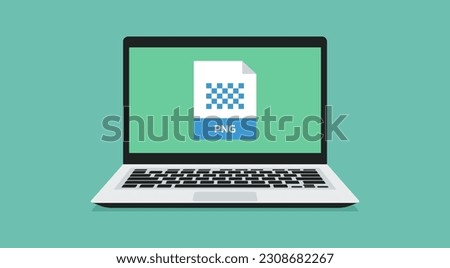 file format icon with PNG label on laptop screen, vector flat design illustration