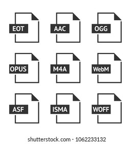 File format icon series in black and white. Web video and audio media. Vector illustration.