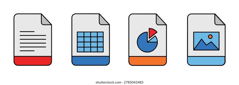 File format icon set, digital office document extension spreadsheet pie chart and picture storage graphic collection, black line art outline illustrations for computer interface website