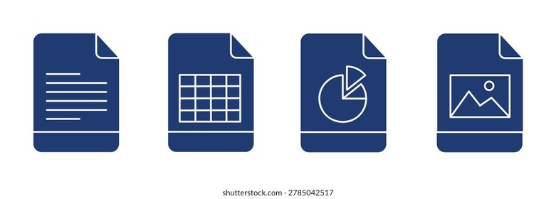 File format icon set, digital office document extension spreadsheet pie chart and picture storage graphic collection, blue silhouette white outline illustrations for computer interface website