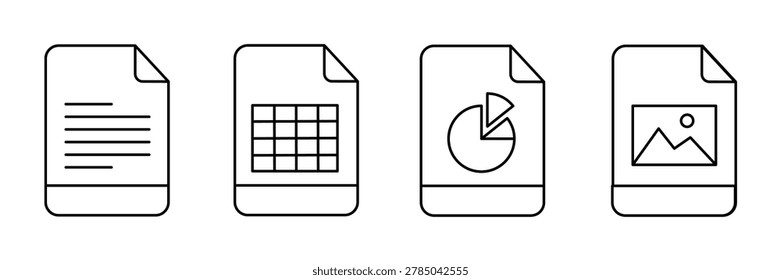 File format icon set, digital office document extension spreadsheet pie chart and picture storage graphic collection, light blue outline illustrations for computer interface website