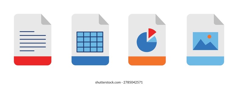 File format icon set, digital office document extension spreadsheet pie chart and picture storage graphic collection, flat minimalist colorful illustrations for computer interface website