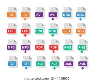 file format icon set, file extensions, popular files format flat vector sign