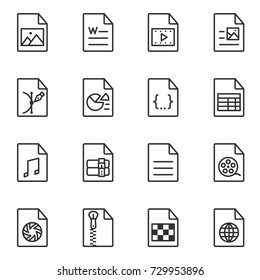 File format icon set. Line style. File extensions : AVI, JPG, MP3, PDF, XLS, PNG, MOV, DOC, EPS, PPT, ZIP, CSS, RAR, HTML, RAW, TXT. Lines with editable stroke.