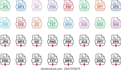 File format icon set PNG and vector with document types like PDF, JPG, DOC, XLS, MP4, ZIP