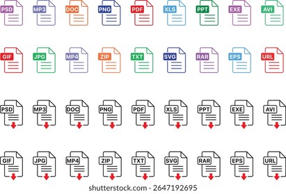 File format icon set PNG and vector with document types like PDF, JPG, DOC, XLS, MP4, ZIP