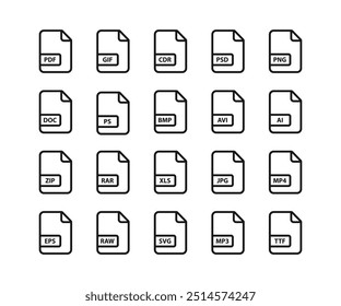 File format icon set. File type icon set. Format and extension of documents. Document format file icon, vector illustration