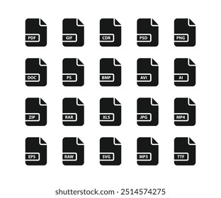 Ícone de formato de arquivo definido. Conjunto de ícones de tipo de arquivo. Formato e extensão dos documentos. ícone de arquivo de formato de documento, ilustração vetorial