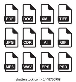 Vector de conjunto de iconos de formato de archivo. grupo de tipos de archivos de documentos, sistemas, oficina, gráficos, audio, música, medios y programación. Conjunto de iconos de extensiones de archivo.