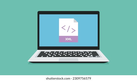 file format icon with XML label on laptop screen, vector flat design illustration