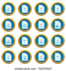 File format icons blue circle set isolated on white for digital marketing