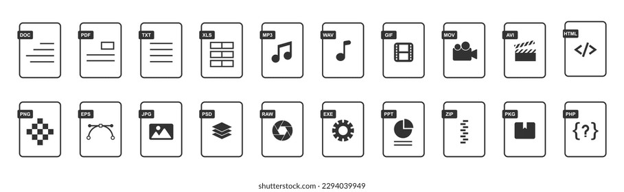 File format icons. Document format set. File extension icons. Document format. PDF, PPT and HTML file extension. Stock vector illustration
