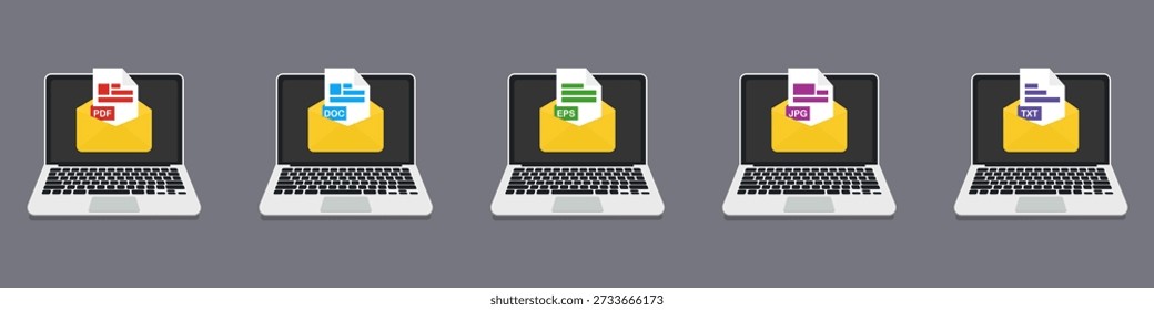 File format icons on laptop screens collection in color. PDF DOC EPS JPG and TXT documents