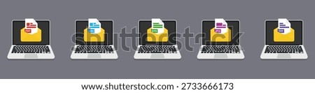 File format icons on laptop screens collection in color. PDF DOC EPS JPG and TXT documents