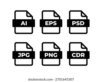 File Format Icons Set. AI, EPS, PSD, JPG, PNG, CDR Document Type Symbols Vector Illustration.