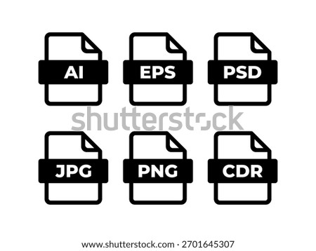 File Format Icons Set. AI, EPS, PSD, JPG, PNG, CDR Document Type Symbols Vector Illustration.