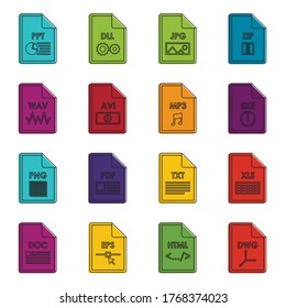 Conjunto de iconos de formato de archivo. Ilustración de doodle de iconos vectoriales aislados en fondo blanco para cualquier diseño web