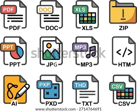 File format icons set featuring PDF, DOC, MP3, MP4, EPS, PNG, HTML and TXT file types. Multimedia and document symbols collection