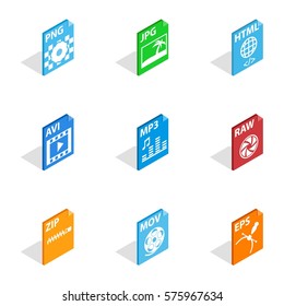 File format icons set. Isometric 3d illustration of 9 file format vector icons for web