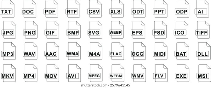 File format line icon set, Collection of file type icons like PDF, PNG, MP3, DOC, XLS, JPG, GIF, AVI. Perfect for digital projects, presentations, or software resources