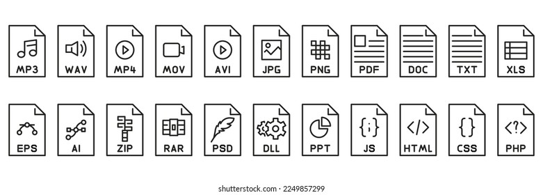 Juego de iconos de esquema de formato de archivo. Archivo de documento. Ilustración del vector