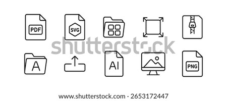 File format outline icon set. document, zip, font outline collection for digital use