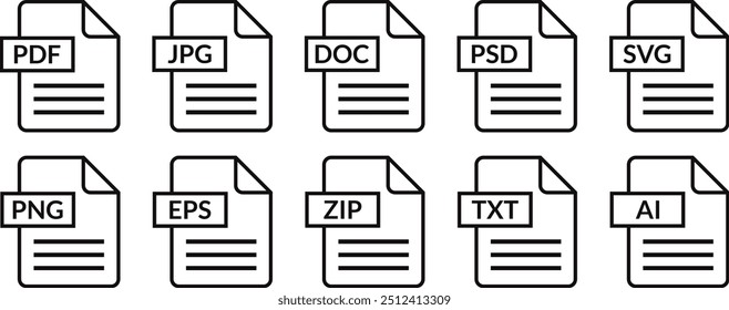 file format symbols, web format information, file format flat line symbol set vector illustration.