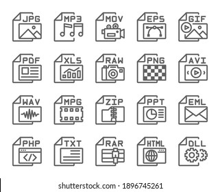 Juego de iconos de esquema de tipo de formato de archivo. Tiro editable. 48 x 48 píxeles perfectos.