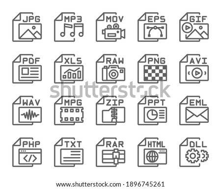 File format type outline icons set . Editable stroke . 48 x 48 pixel perfect .