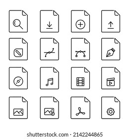 File format vector icon set. Line vector icons such as download file formats, multimedia, pdf, music and others, on a white background. Editable flat line vector illustration