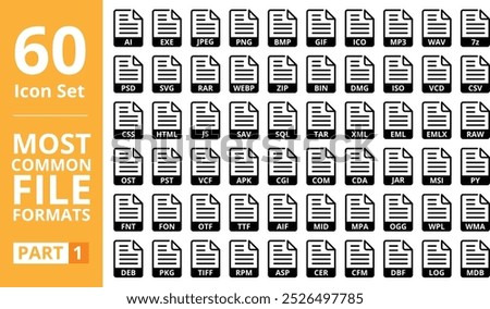 File Format Vector Icon Set. JPEG, PNG, GIF, BMP, EXE, AI, MP3, ZIP, 7z, PSD, CSS, HTML, JS, SQL, XML, RAR, PY, OTF, TTF, WAV, ISO, WEBP and Many More.