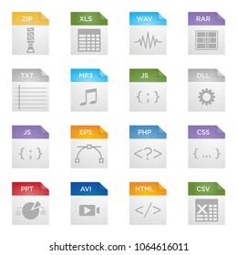 File format vector set isolated from background. Document types signs in flat style. Design file extensions. white background. white isolated
