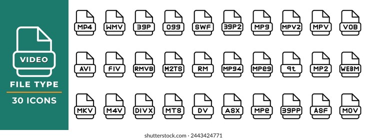 Formato de archivo Iconos de vídeo establecidos en estilo Outline. conjunto de símbolos de extensión de archivo. Ilustración vectorial