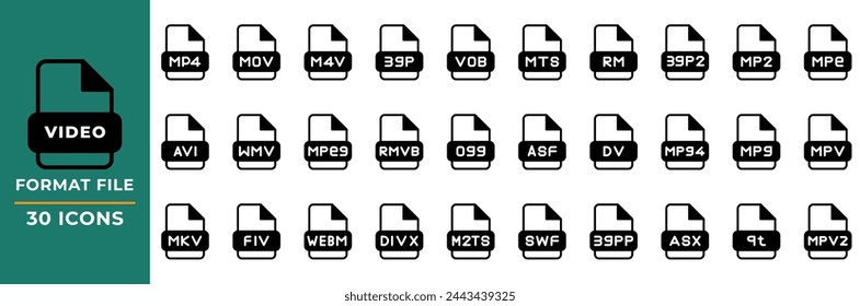 Formato de archivo Iconos de vídeo establecidos en estilo Glifo. colección de símbolos de extensión de archivo. Ilustración vectorial