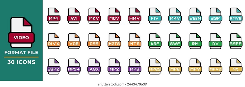 File format Video icons set in flat style. collection of file extension symbols. Vector Illustration.