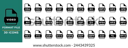File format Video icons set in Glyph style. collection of file extension symbols. Vector Illustration