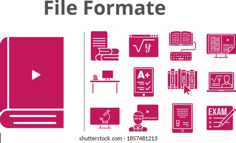 file formate set. included exam, tablet, ereader, professor, teacher, ebook, desktop, online-learning, homework, maths, book, microscope icons. filled styles.