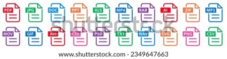 File formats big icon collection. File format of document icons set. PDF, JPG, DOC, PPT, XLS, MP4, RAR, AI, ZIP, MP3, MPV, GSF and others - stock vector.