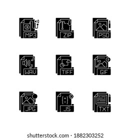 File formats black glyph icons set on white space. Various types. Audio, lossless compression, web, raster image, text files. Storing music. Silhouette symbols. Vector isolated illustration