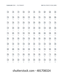 File formats clear line, illustrations, icons, backgrounds and graphics. The icons pack is black and white, flat, vector, pixel perfect, minimal, suitable for web and print. Linear pictogram.