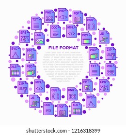 File formats concept in circle with thin line icons: doc, pdf, php, html, jpg, png, txt, mov, eps, zip, css, js. Modern vector illustration, print media template.