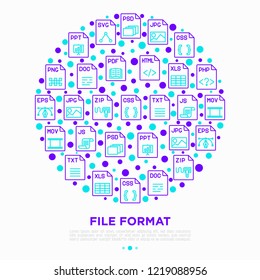 File formats concept in circle with thin line icons: doc, pdf, php, html, jpg, png, txt, mov, eps, zip, css, js. Modern vector illustration, print media template.