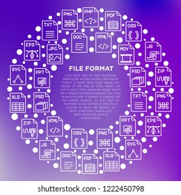 File formats concept in circle with thin line icons: doc, pdf, php, html, jpg, png, txt, mov, eps, zip, css, js. Modern vector illustration, print media template.