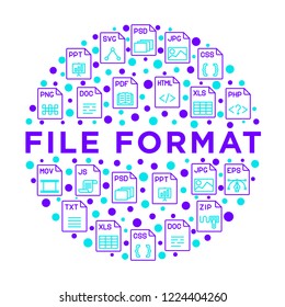 File formats concept in circle with thin line icons: doc, pdf, php, html, jpg, png, txt, mov, eps, zip, css, js. Modern vector illustration, print media template.