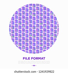 File formats concept in circle with thin line icons: doc, pdf, php, html, jpg, png, txt, mov, eps, zip, css, js. Modern vector illustration, print media template.