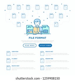 File formats concept: developer with JPG and PDF files. Modern vector illustration, web page template.