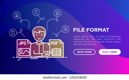 File formats concept: developer with JPG and PDF files. Modern vector illustration, web page template on gradient background.