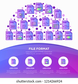 File formats concept in half circle with thin line icons: doc, pdf, php, html, jpg, png, txt, mov, eps, zip, css, js. Modern vector illustration, web page template.