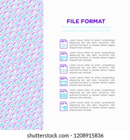 File formats concept with thin line icons: doc, pdf, php, html, jpg, png, txt, mov, eps, zip, css, js. Modern vector illustration, print media template.